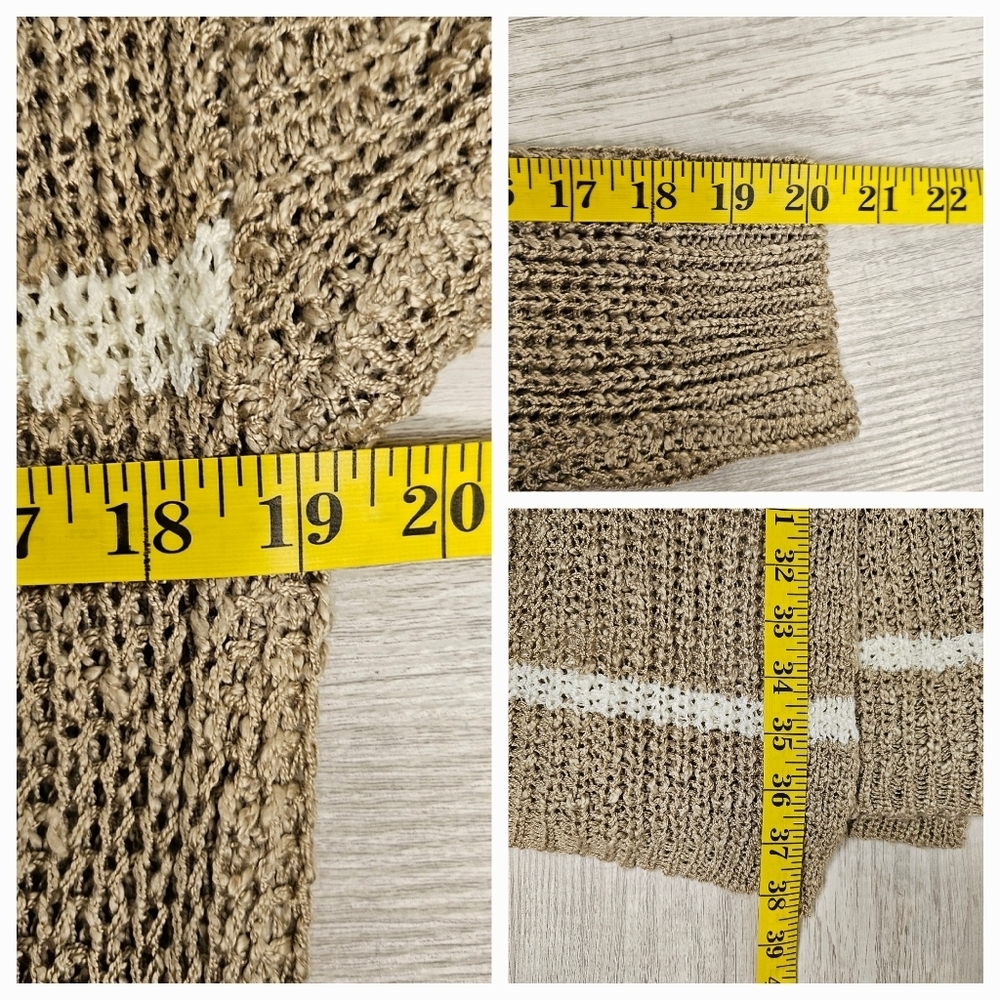 Macaron Cardigan Sweater Small Neutral Beige White Striped Open Knit Pockets - Picture 8 of 8